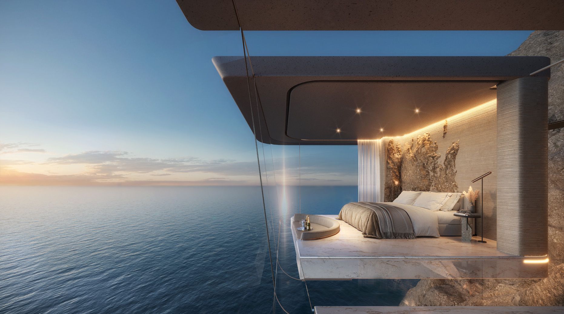 AIDA clifftop bedroom suspended over the Gulf of Oman at sunset